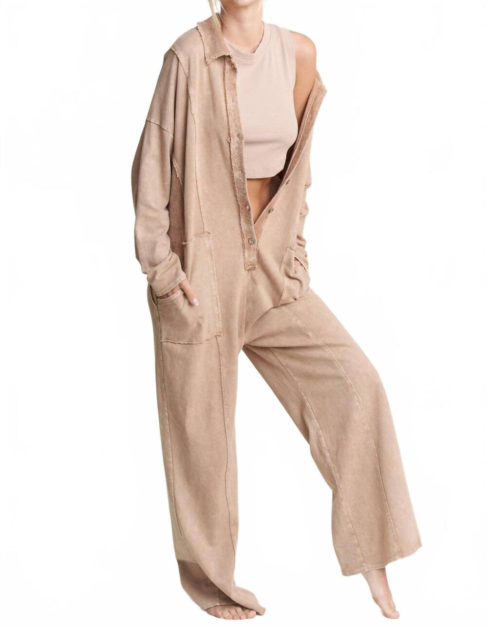 NEW J.HER mineralwash button down collar onesie jumpsuit in latte